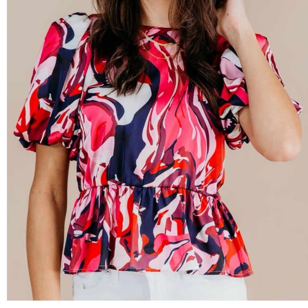 Crosby by Mollie Burch NWOT Aspen Print Angela Peplum Blouse L Bow